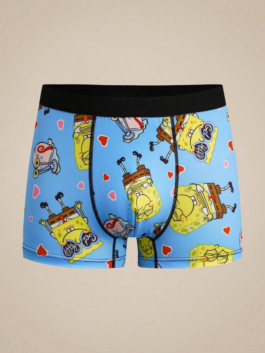 SpongeBob SquarePants | SHEIN Men's Cartoon Print Elastic Waist Casual Boxer Briefs - Blue - View 1