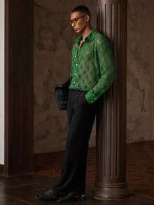 AKNOTIC 男士針織時尚休閒寬鬆短袖襯衫，青春日常風格 - 綠色 - 查看 4