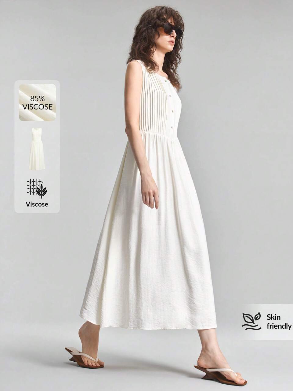 Summer Women's Long Dress, Bestselling Cream White Sleeveless Dress, Loose Pockets, Round Neck, Old Money, Vacation Holiday, Office Everyday Woven