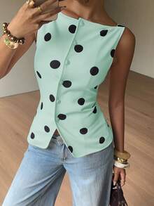 Siren Gaze Vert menthe, chemise gilet élégante à pois à simple boutonnage pour femme, style vintage français, pour brunch, dîner, rendez-vous, fête, été, thé, vacances - Bleu lagon - Voir 2