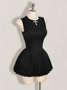 SHEIN ICON 女款條紋拼接配色法式溫柔圓領洋裝 - 黑與白 - 查看 7