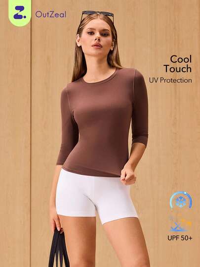 OutZeal Gym Top Women Sports Brown Tee Solid Color Summer Spring Yoga Casual Soft Cool Touch UV Protection Slim Fit Short Sleeve Active Top