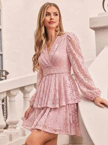 Amorya Vestido mini elegante y romántico para mujer con estampado floral rosa, mangas de farol, adecuado para citas nocturnas, fiestas en el jardín, fiestas diurnas, vacaciones, verano y otoño - Rosa - Ver 5