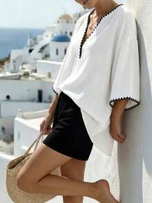 SHEIN Holidaya Camisa de mujer estilo vintage casual y cómodo con manga murciélago holgada, bordada con bloques de color, cuello en V y manga tres cuartos, adecuada para primavera/verano, camisa casual, camisa bordada con bloques de color, top de verano, perfecta para vacaciones, uso diario casual, de moda y versátil - Blanco - Ver 7