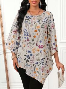 SHEIN Lady Women's Plant Pattern 3/4 Sleeve Asymmetrical Hem Loose Fit Blouse Garden Party Day Party Off White Autumn Elegant - Multicolor - View 4