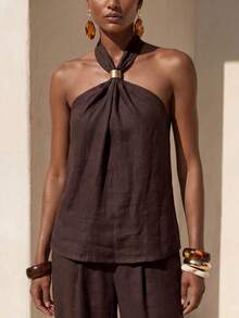 Zivah Spring/Summer Music Festival Easter St. Patrick's Day Valentine's Day Beach Vacation Sexy Jamaican Sleeveless Halter Neck Linen Shades Of Brown Pants - Brown - View 10