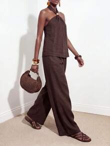 Zivah Spring/Summer Music Festival Easter St. Patrick's Day Valentine's Day Beach Vacation Sexy Jamaican Sleeveless Halter Neck Linen Shades Of Brown Pants - Brown - View 14