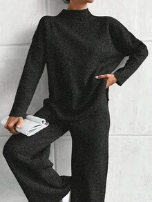 EURMUSE Maglione lavorato a maglia con collo alto e spalle scivolate, maniche lunghe, e pantaloni lunghi, completo casual da donna in due pezzi per autunno/inverno - nero - Visualizzare 1