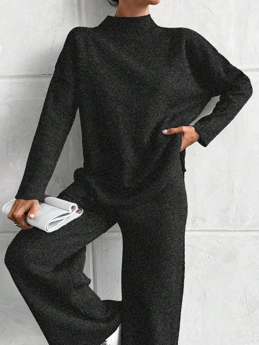 EURMUSE Maglione lavorato a maglia con collo alto e spalle scivolate, maniche lunghe, e pantaloni lunghi, completo casual da donna in due pezzi per autunno/inverno - nero - Visualizzare 1