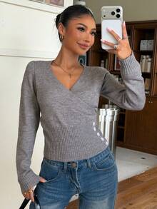 Muchica Women's Solid Color Overlap V-Neck Long Sleeve Button Design Sweater Brunch Grey Autumn Casual - Grey - View 7