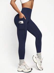 Easithlete Damen einfarbige Tasche lässige vielseitige Alltag Reise Sport enge Leggings - marineblau - Übersicht 5
