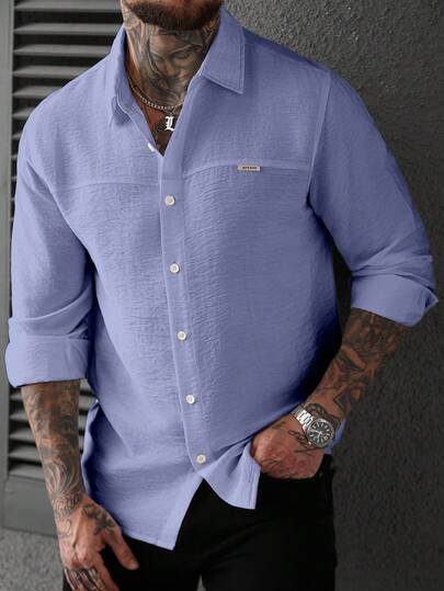 Manfinity CasualCool Men's Minimalist Textured Single-Breasted Denim Long Sleeve Shirt