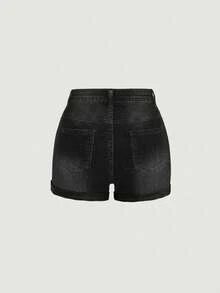 Girlism Teen GirlBlue Denim Ripped Elastic Skinny Shorts - Black - View 2