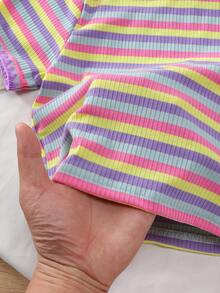 SHEIN Elladie kids 女童兩件式春夏套裝，圓領T恤搭配牛仔裙褲套裝，刺繡設計，簡約時尚短袖短褲套裝 - 紫色 - 查看 9