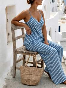 Linhara CURVE Women's Plus Size Blue & White Striped Print Deep V-Neck Symmetrical Criss-Cross Design Backless Camisole & Striped Print Loose Straight Leg Pants, Casual Daily Commute Fashion Elegant French Vintage Romantic Date Beach Vacation Summer New 2-Piece Set - Multicolor - View 5