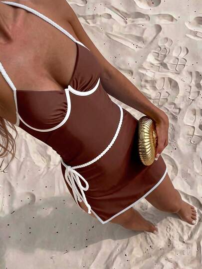 Swim SXY Women's Latest Fashion Beach Vacation Wear, White Rope Design One-Piece Swimsuit + Brown Cover-Up Skirt 2-Piece Set, Summer Tropical