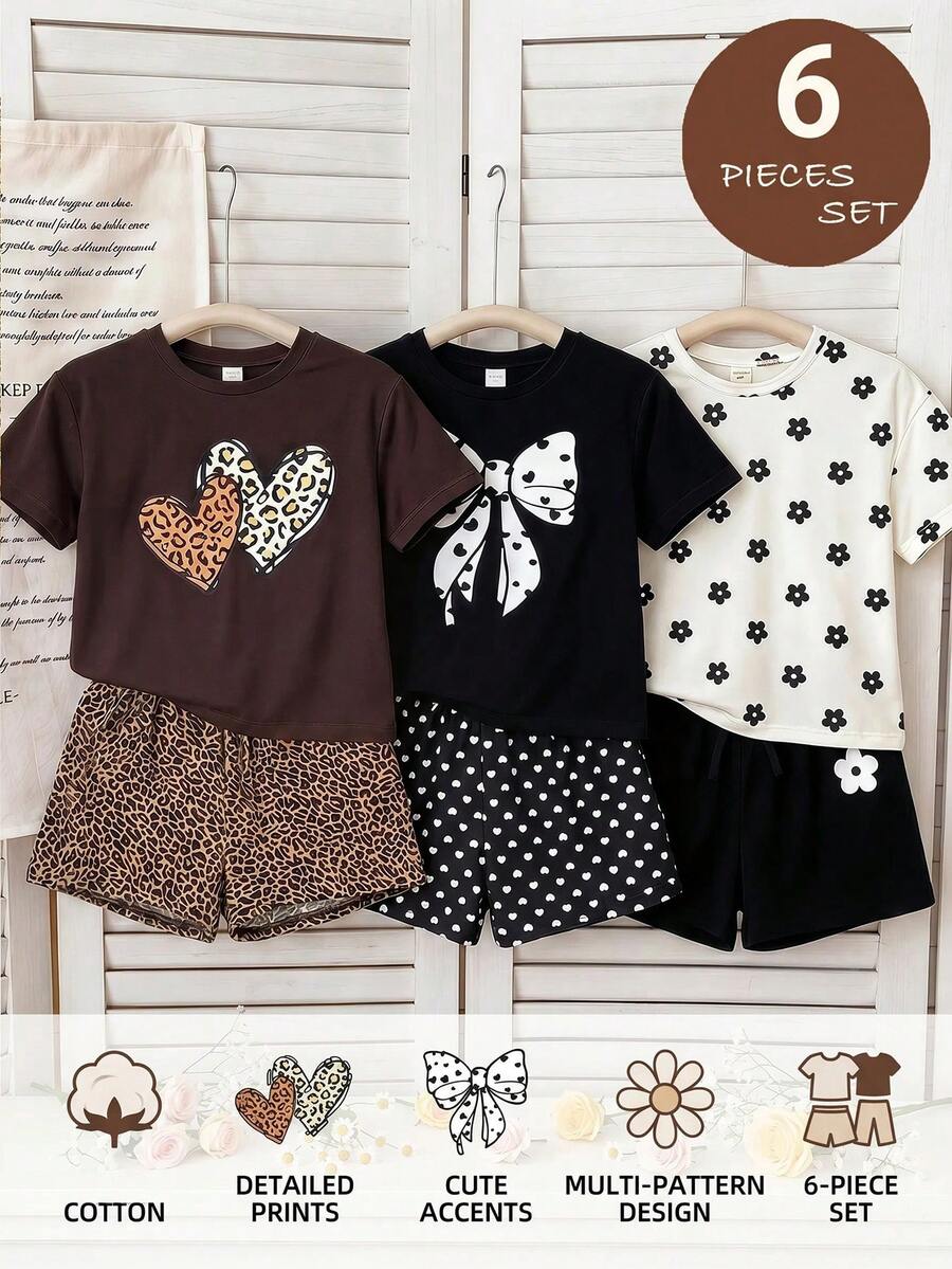 SHEIN 6pcs/Set Young Girl Knitted Printed Round Neck Loose T-Shirt And Fitted Shorts,Buy 2 Get 4 Free - Multicolor - View 1