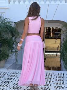 Sindi Myftari Women's Elegant V-Neck Camisole And High Waist Mesh Skirt 2-Piece Set, Spring/Summer Pink - Pink - View 2