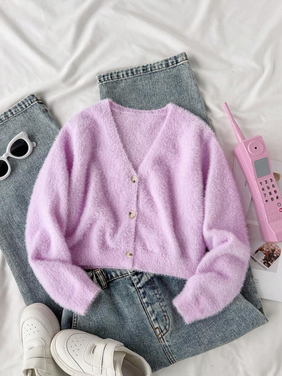 SHEIN 少女秋冬針織開襟毛衣新品,獨特設計展現女孩獨特時尚品味,凸顯自然清新特質,適合家庭時光、派對、戶外活動、節日聚會與穿搭拍照,Icon女孩必備 - 淡紫色 - 查看 1
