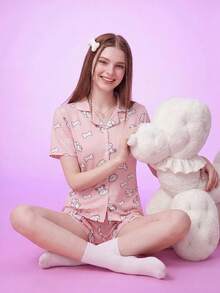 Notgurli Women's Summer Printed Lapel Cardigan Short Sleeve Shorts Casual Simple Comfortable Loungewear Pajama Set - Pink - View 4