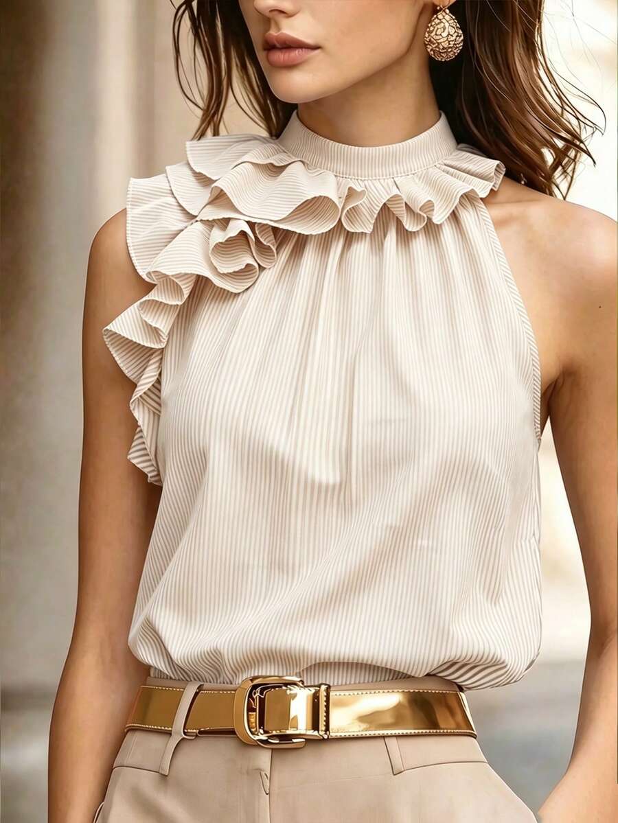 SHEIN LUNE Women's Apricot Stand Collar Patchwork Ruffle Fashion Mature Elegant Sleeveless Blouse Office Summer - Apricot - View 1