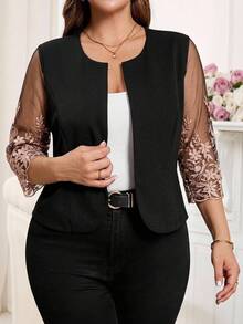 Reflora Chaqueta corta elegante con mangas de encaje en contraste para mujer talla grande, adecuada para uso diario - Negro - Ver 8