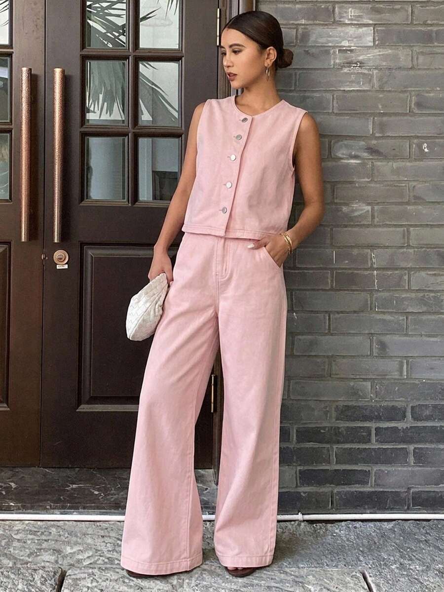 Livesso 女款單排扣休閒牛仔背心與長褲套裝 - 粉色 - 查看 1