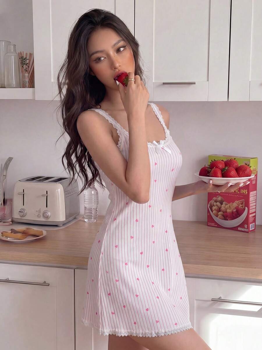 ZzzCrew Women's Knitted Jacquard Ribbed Heart Print Lace Patchwork Cami Nightgown - Multicolor - View 1