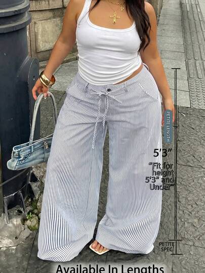 SHEIN PETITE CURVE 大尺碼女款休閒度假日常通勤配色拼接條紋印花腰部繫帶寬鬆寬腿長褲