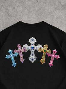 Manfinity EMRG Kaos Pria Lengan Pendek Kerah Bulat dengan Motif Perhiasan Imitasi - Hitam - View 6