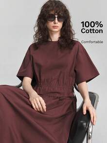 Ontre 2026 New All Season Minimalist All-Match Casual Vacation Brunch Outfit Round Neck Long Patchwork Drawstring Dress Slimming Dark Brown Summer - Brown - View 6