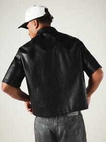 SUMWON Crop Fit Zip-Up Faux Leather Utility Shirt With Dual Chest Pockets And Short Sleeves - Black - View 2