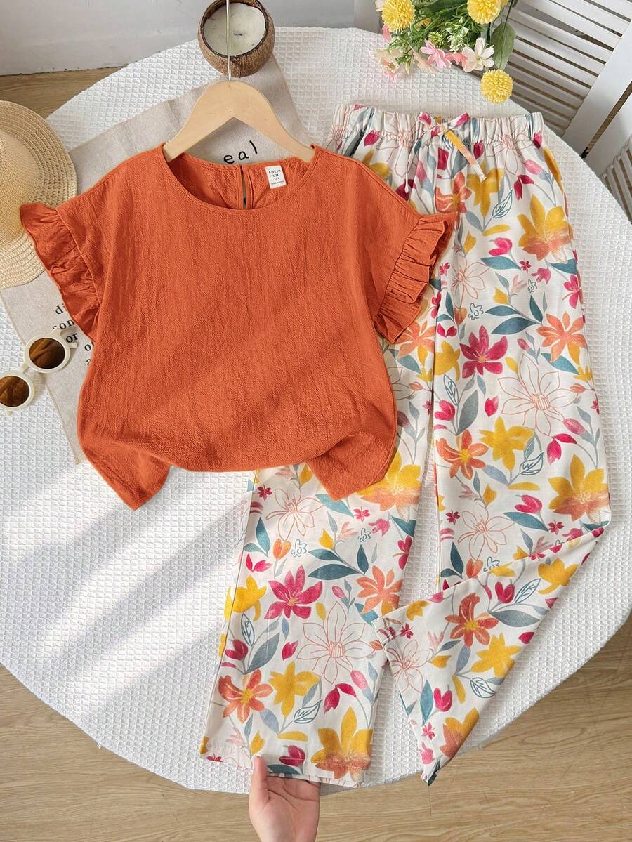 SHEIN 兒童青少年女孩 T-shirt 套裝 梭織純色短袖上衣 碎花長褲休閒套裝 - 鏽棕色 - 查看 1
