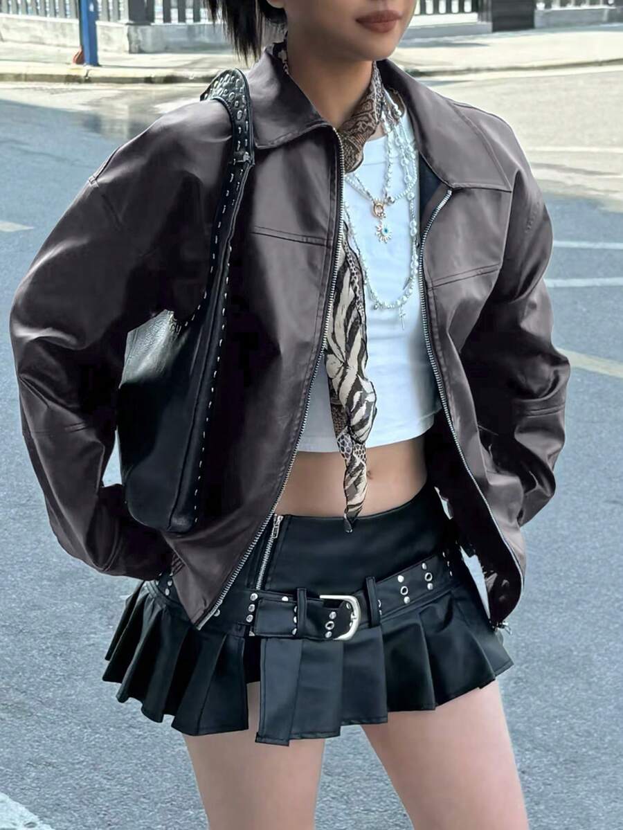 INAWLY Women's Loose Fit Long Sleeve Leather Jacket, Biker Style For Autumn/Winter Fall Cloth For Women - Grey - View 1