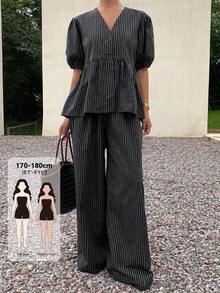 Dazy Tall Women's Summer Black And White Striped Petal Sleeve V-Neck Top And Loose Straight Leg Pants Vacation Casual French Elegant Suit Brunch - Black - View 1