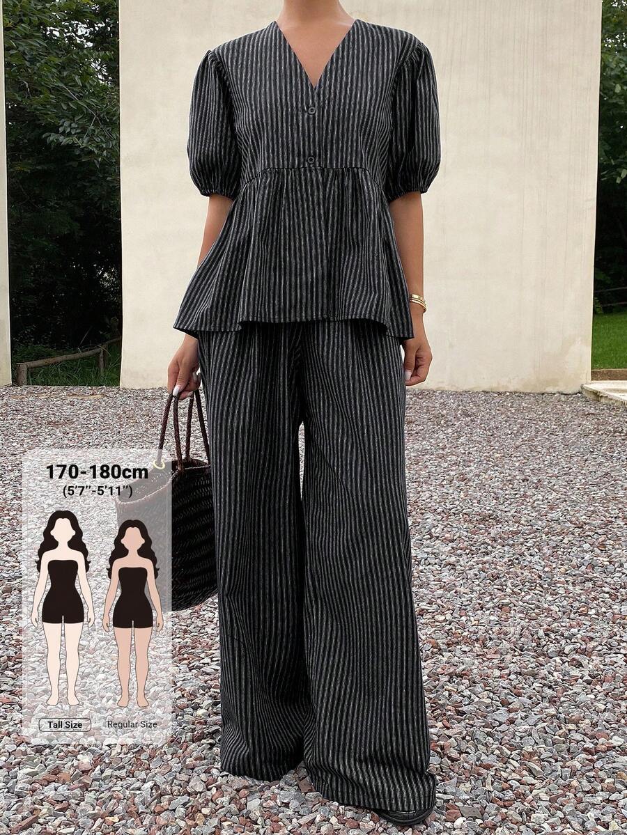 Dazy Tall Women's Summer Black And White Striped Petal Sleeve V-Neck Top And Loose Straight Leg Pants Vacation Casual French Elegant Suit Brunch - Black - View 1