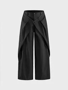 AXEPEAK Pantalones anchos de pierna suelta con diseño deconstruido de unicolor para hombres - Negro - Ver 7