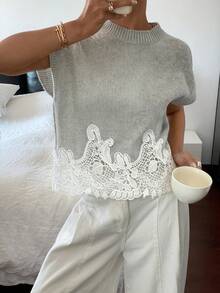 Siren Gaze 女款素色蕾絲拼接下擺針織休閒毛衣,簡約時尚,日常穿著;女款灰色素色蕾絲拼接針織上衣,休閒毛衣,春季女裝,適合室內外,適合日常穿著,夏季針織毛衣 - 灰色 - 查看 5