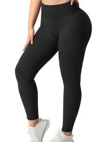 Wide Band Waist Space Dye Seamless Sports Leggings - Black - View 2