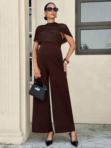 MaterniWear Maternity Solid Color Stand Collar Pleated Wide Leg Elegant Maternity Maternity Jumpsuit Baby Shower Photoshoot Summer Photoshoot - Brown - View 7
