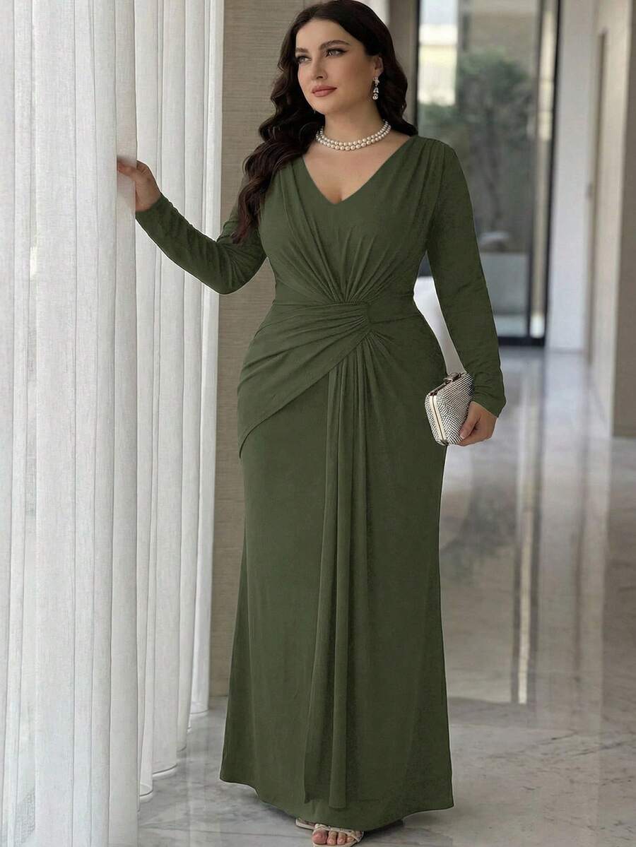 Modelyn Vestido elegante de talla grande para mujer, color liso, cuello en V, manga larga y cintura fruncida - Verde - Ver 1
