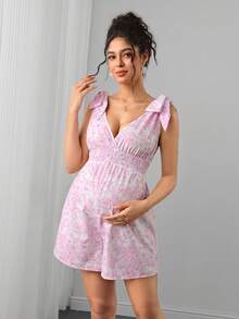 Momance Mono de maternidad con tirantes de hombro y cuello halter con estampado floral - Púrpura malva - Ver 4