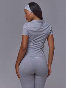 Musera Sport Grey Button Through Collared Contrast Trim Hems Cinched Fitted Active Polo Top Pilates Fitness Daily Casual Everyday Void - Light Grey - View 4