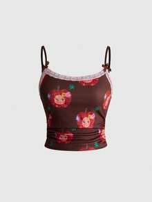 ROMWE J-Fashion 春夏秋性感可愛蘋果印花蕾絲上衣搭配蘋果滿版印花短褲 - 棕色 - 查看 7