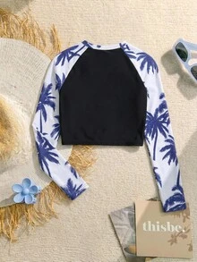 SHEIN 少女插肩袖热带植物印花上衣和短裤泳装套装，青少年两件套泳衣，款式保守，长袖泳衣上衣，青少年两件套泳装，青少年两件套泳衣 - 彩色 - 查看 5