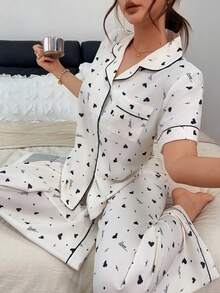 Napfluff Classic Lapel Heart Print Comfortable Home Pajama Set - Apricot - View 5