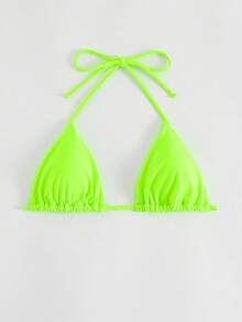 SHEIN Swim Summer Beach Halter Triangle Neon Bikini Top - Lime Green - View 5