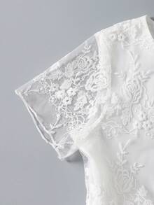 SHEIN 女童白色花卉網紗花瓣刺繡洋裝，春夏正式禮服，適合婚禮花童、生日派對、舞會，短袖薄紗裙 - 白色 - 查看 12
