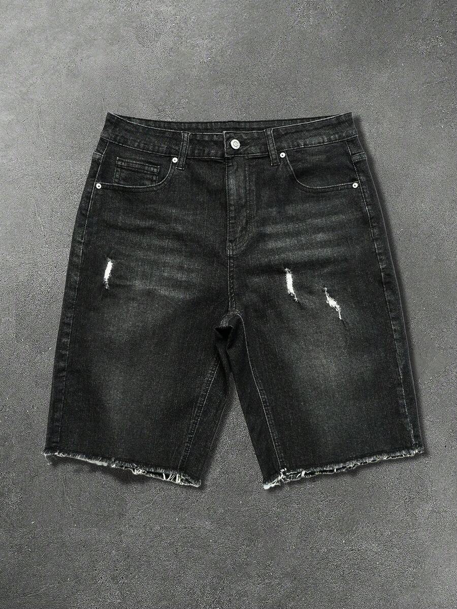 Manfinity Roghcode Men's Casual Versatile Black Washed Distressed Design Stretch Denim Shorts - Black - View 1