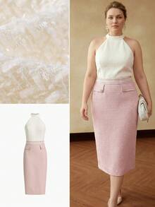 MOTF PREMIUM PLUS SIZE WOMEN'S ELEGANT CONTRAST COLOR TEXTURED METAL BUTTON DECOR SPLIT HEM DRESS - Pink - View 3